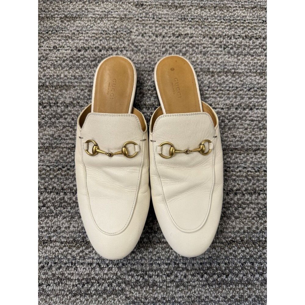 Gucci Womens White Leather Horsebit Mule Slides Size 40 EU